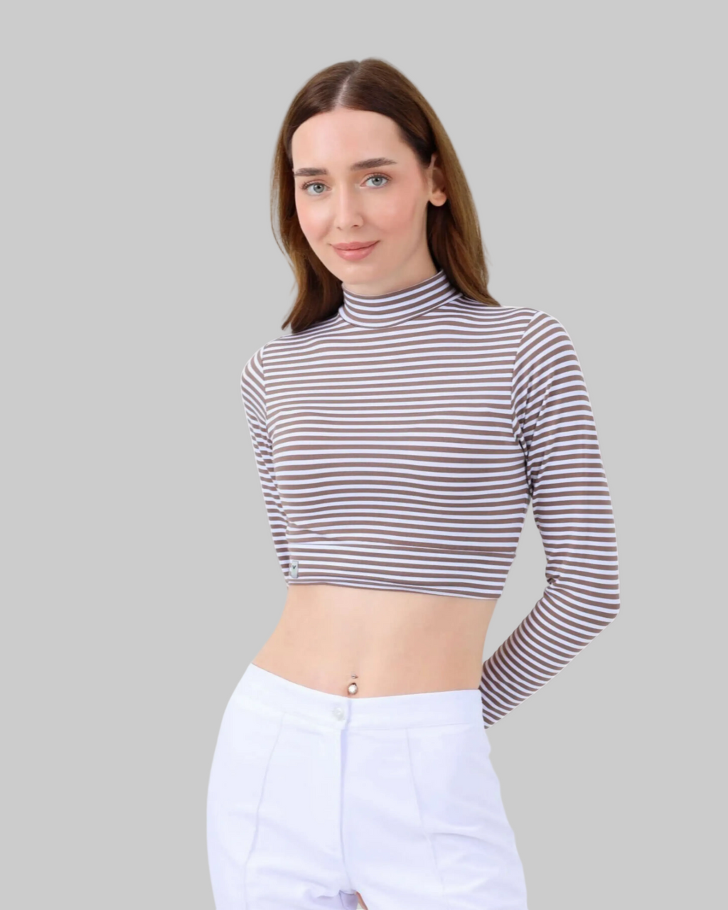 Viridi - Fisherman Collar Striped Crop Body Mink & White