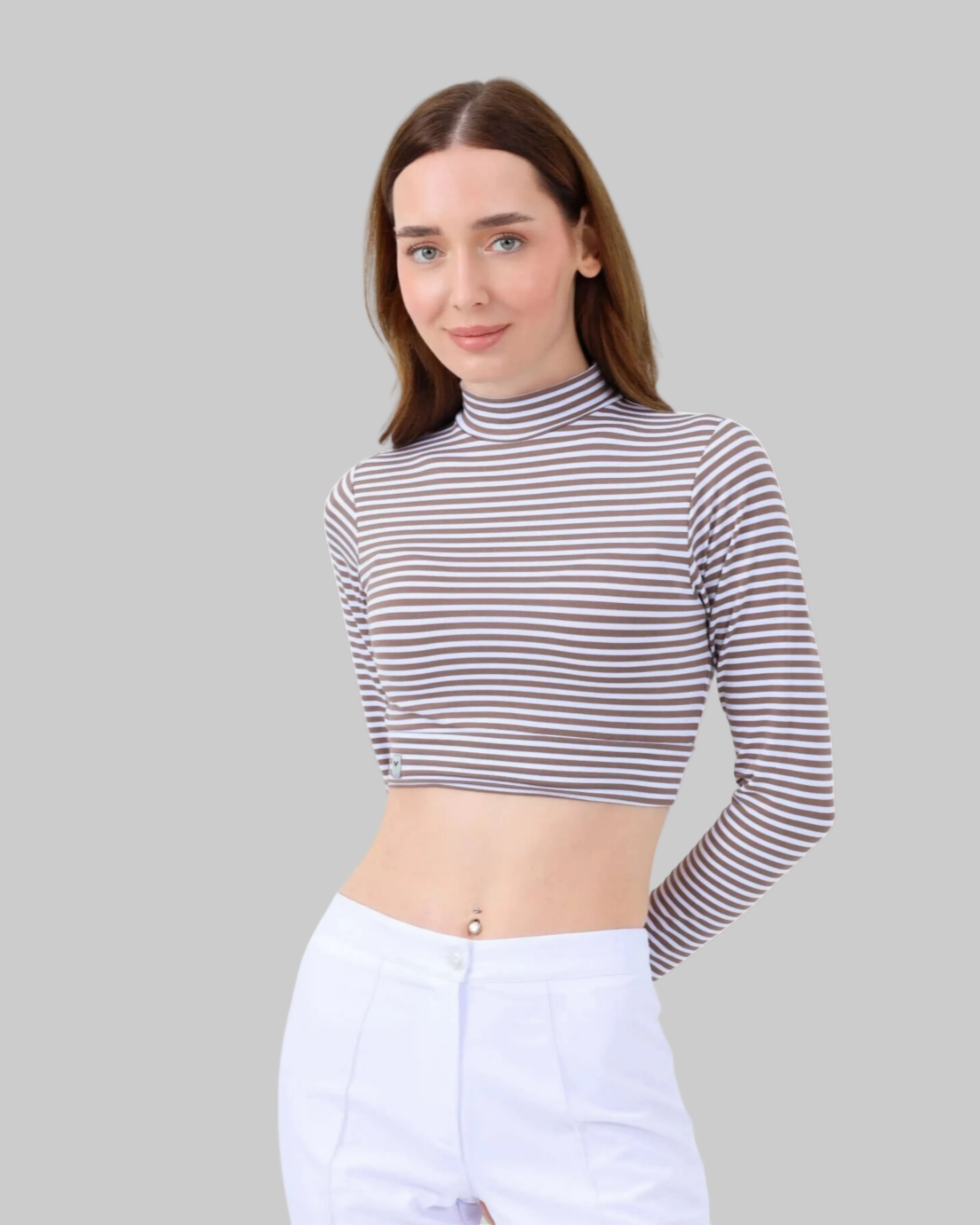 Viridi - Fisherman Collar Striped Crop Body Mink & White