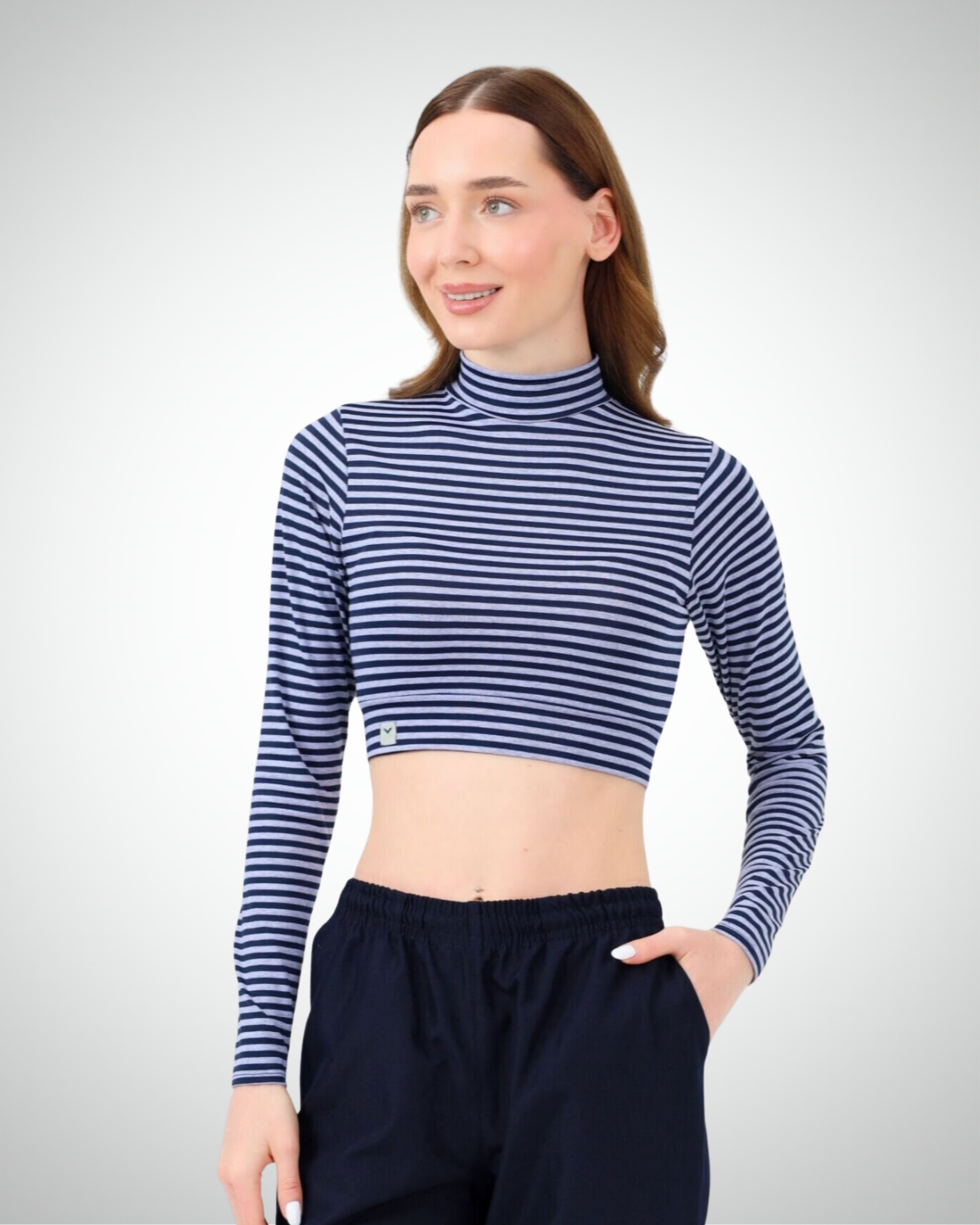 Viridi - Fisherman Collar Striped Crop Body Grey & Navy Blue