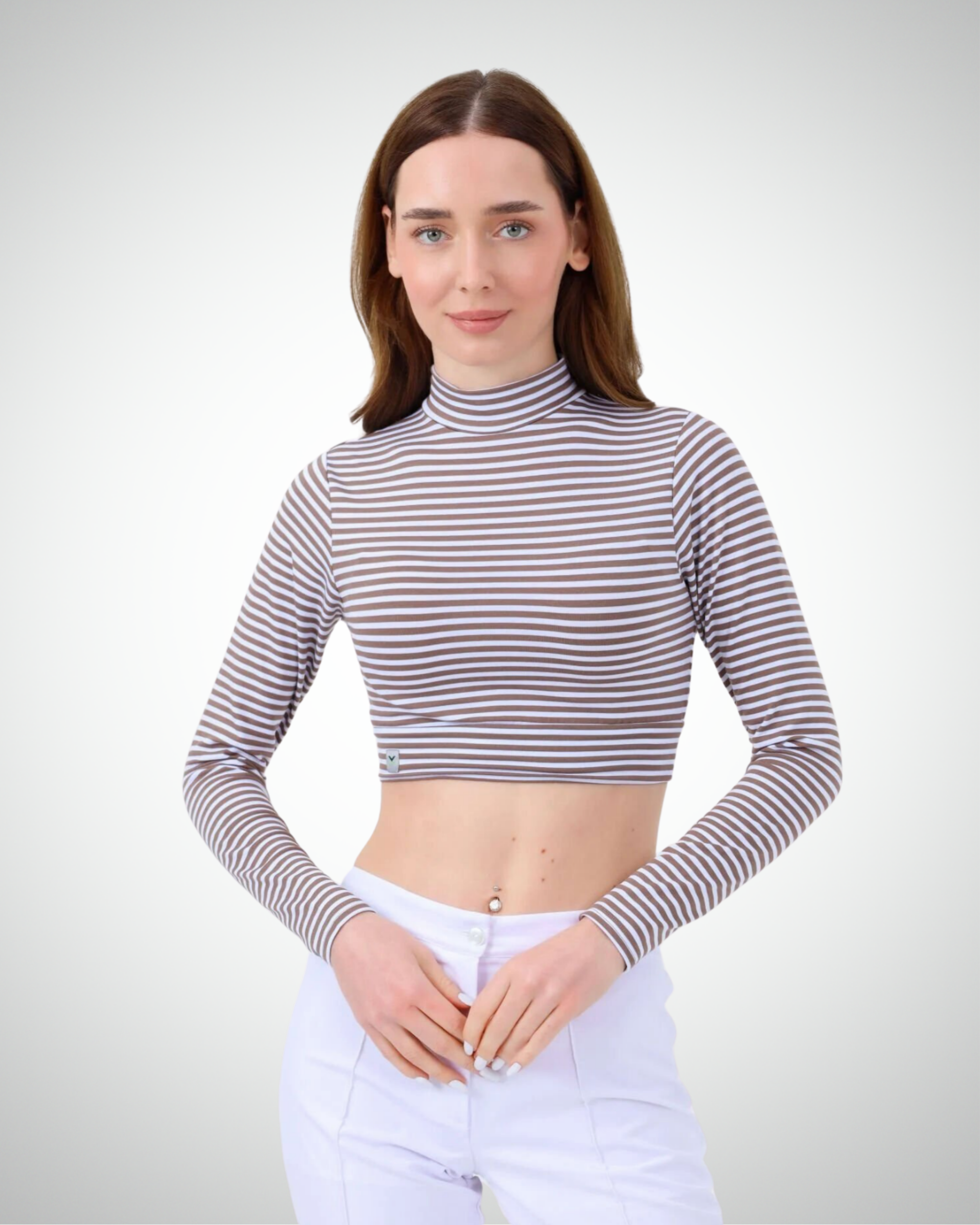 Viridi - Fisherman Collar Striped Crop Body Mink & White