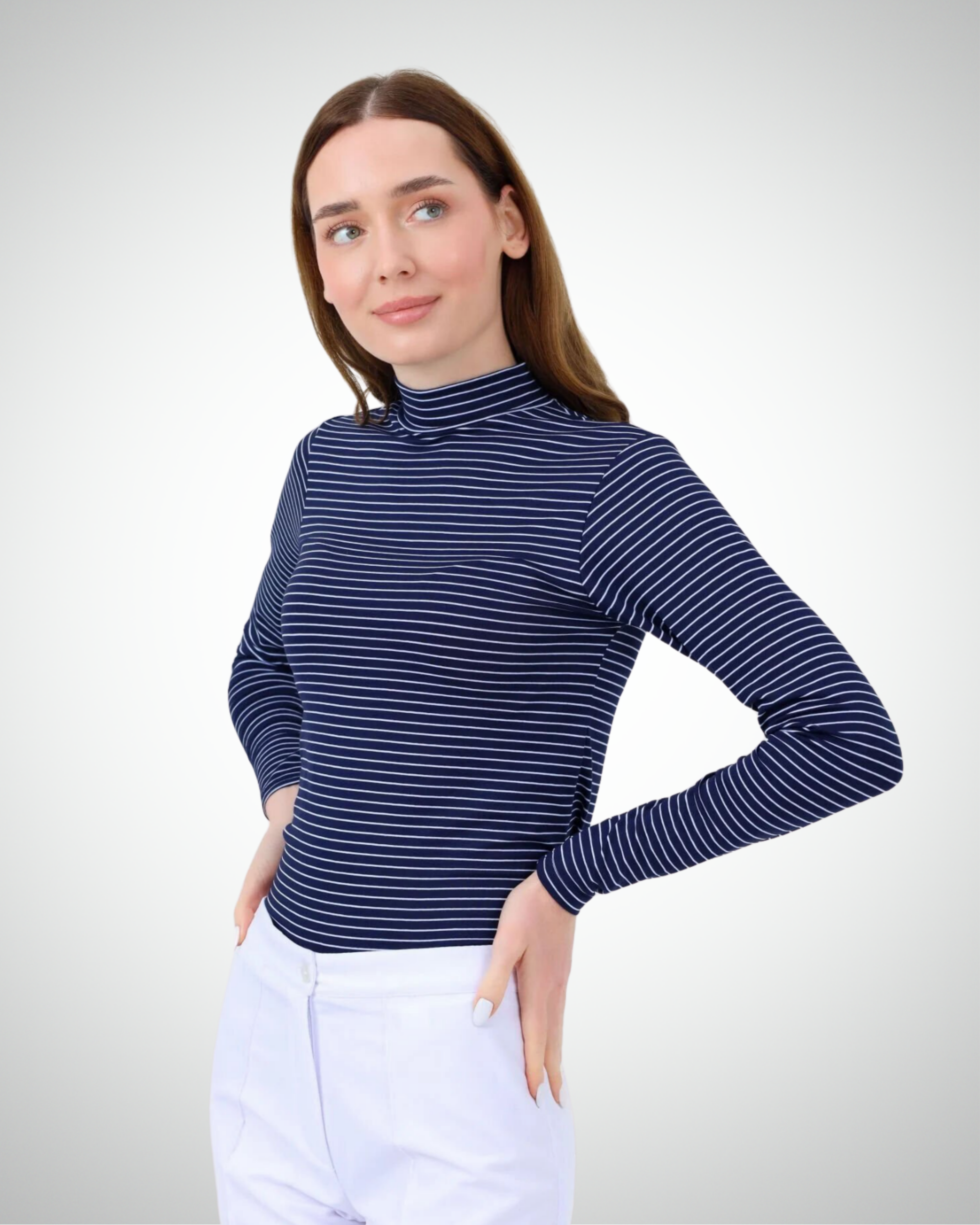 Viridi - Fisherman Collar Striped Body Navy Blue & White