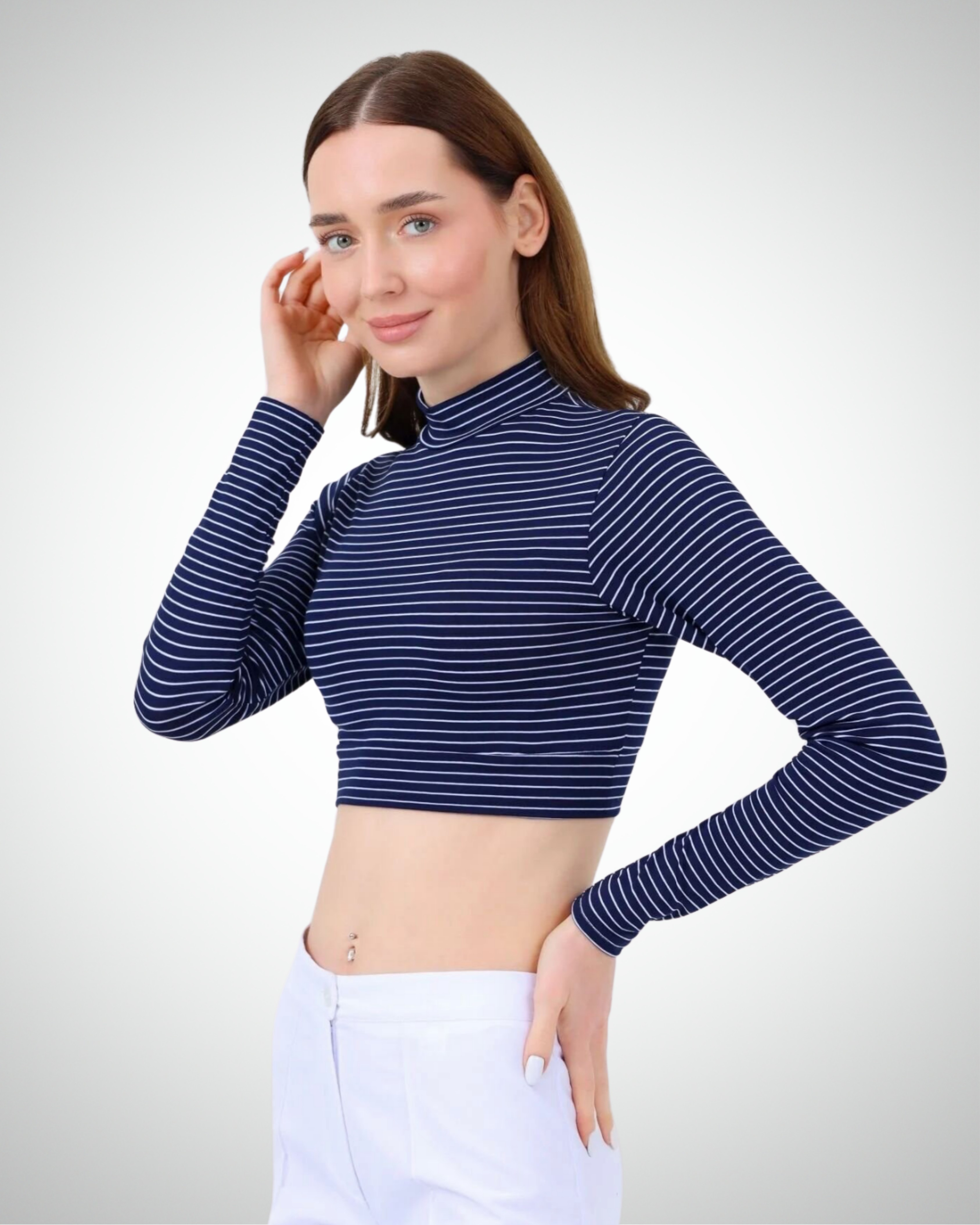 Viridi - Fisherman Collar Striped Crop Body Navy Blue & White