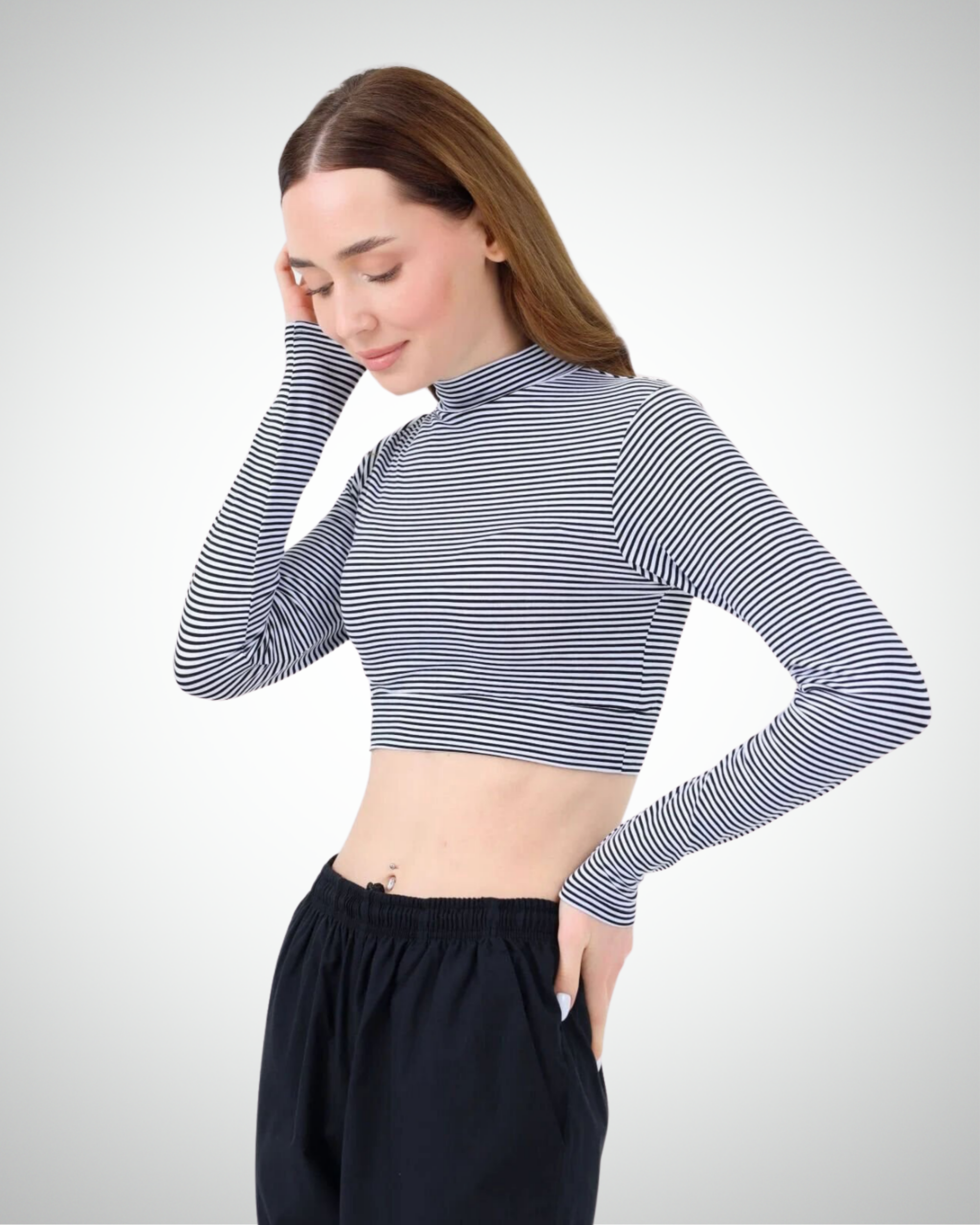 Viridi - Fisherman Collar Striped Crop Body Black & White