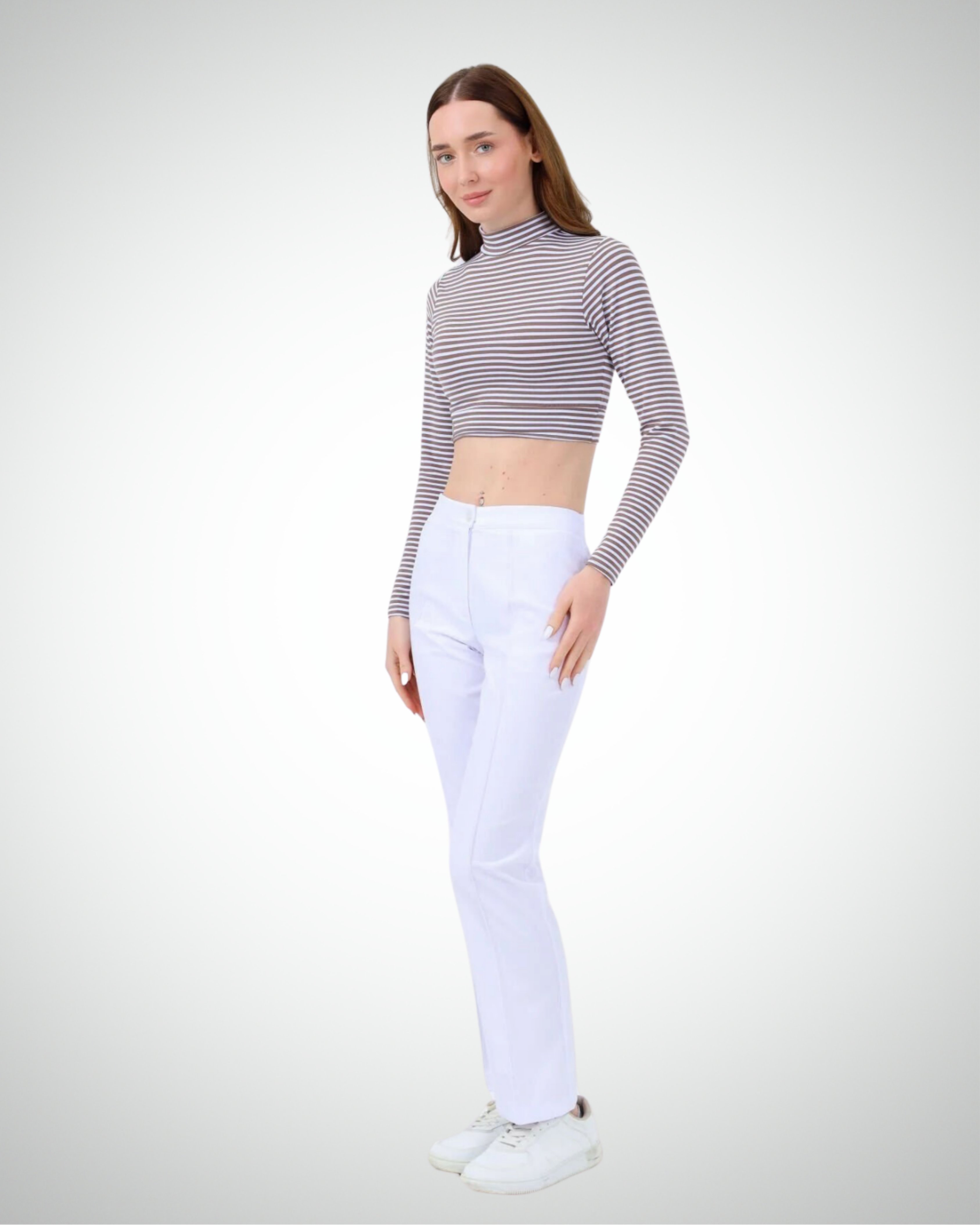 Viridi - Fisherman Collar Striped Crop Body Mink & White