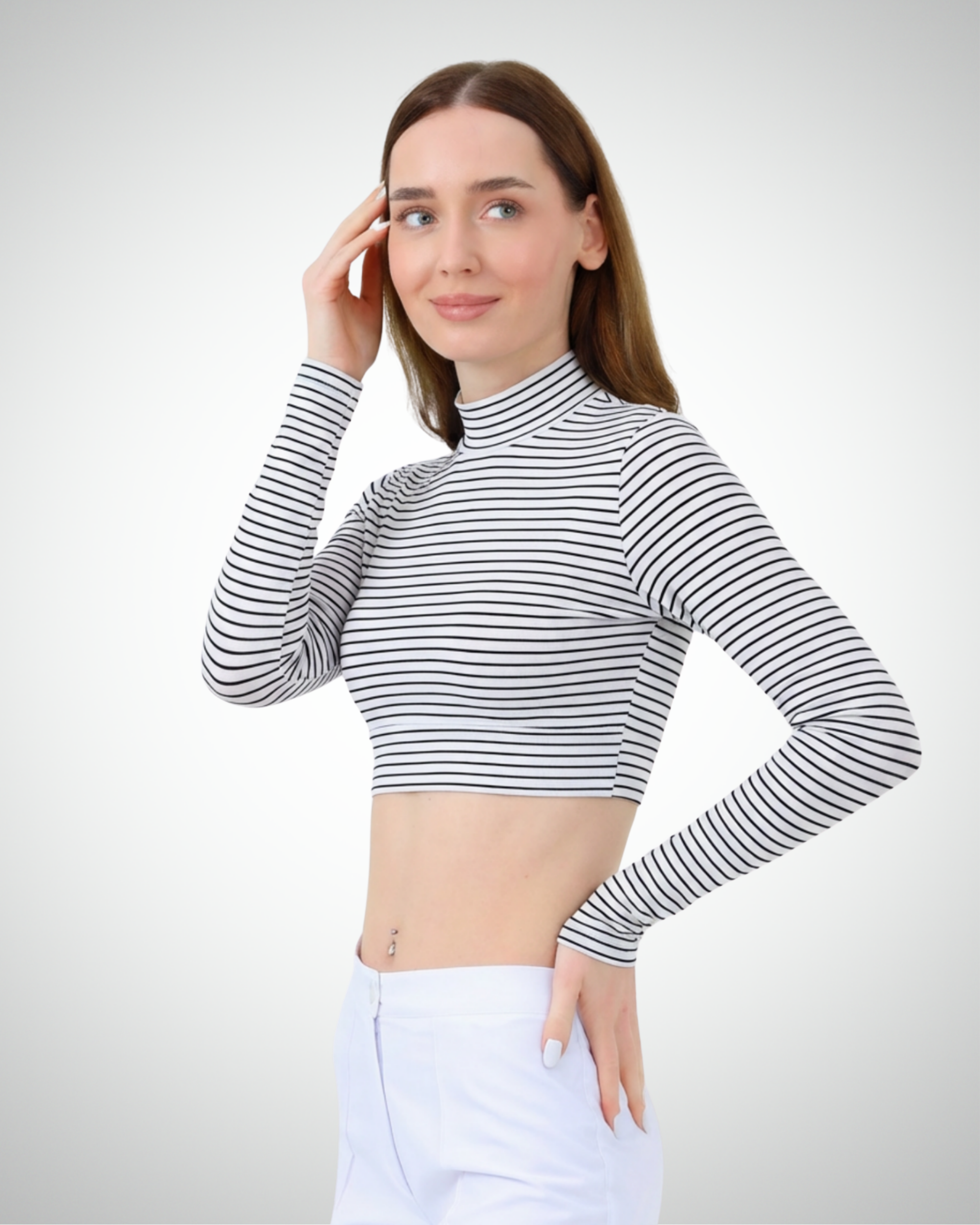 Viridi - Fisherman Collar Striped Crop Body Black & White