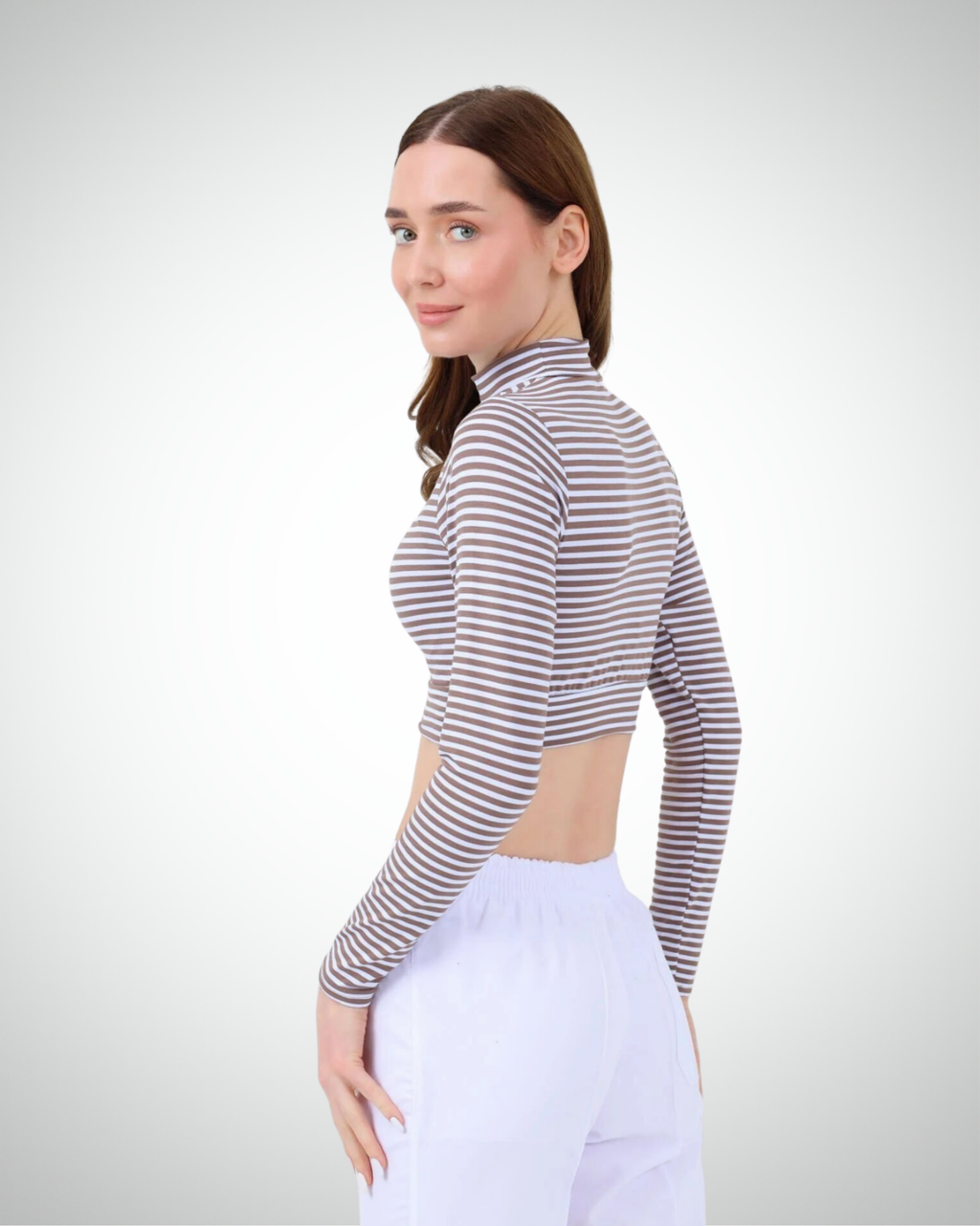 Viridi - Fisherman Collar Striped Crop Body Mink & White