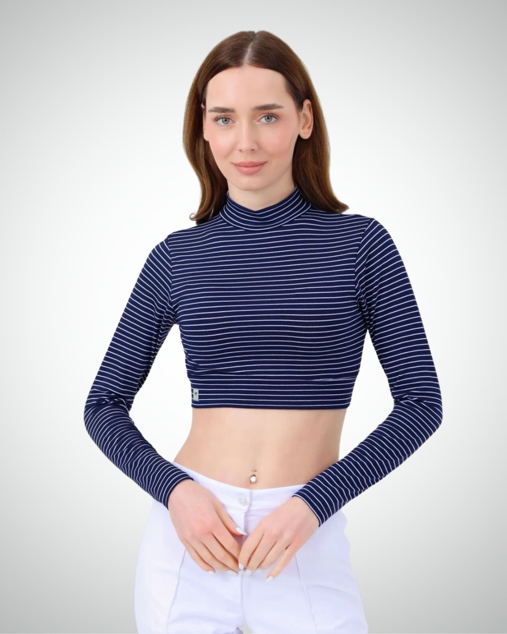 Viridi - Fisherman Collar Striped Crop Body Navy Blue & White