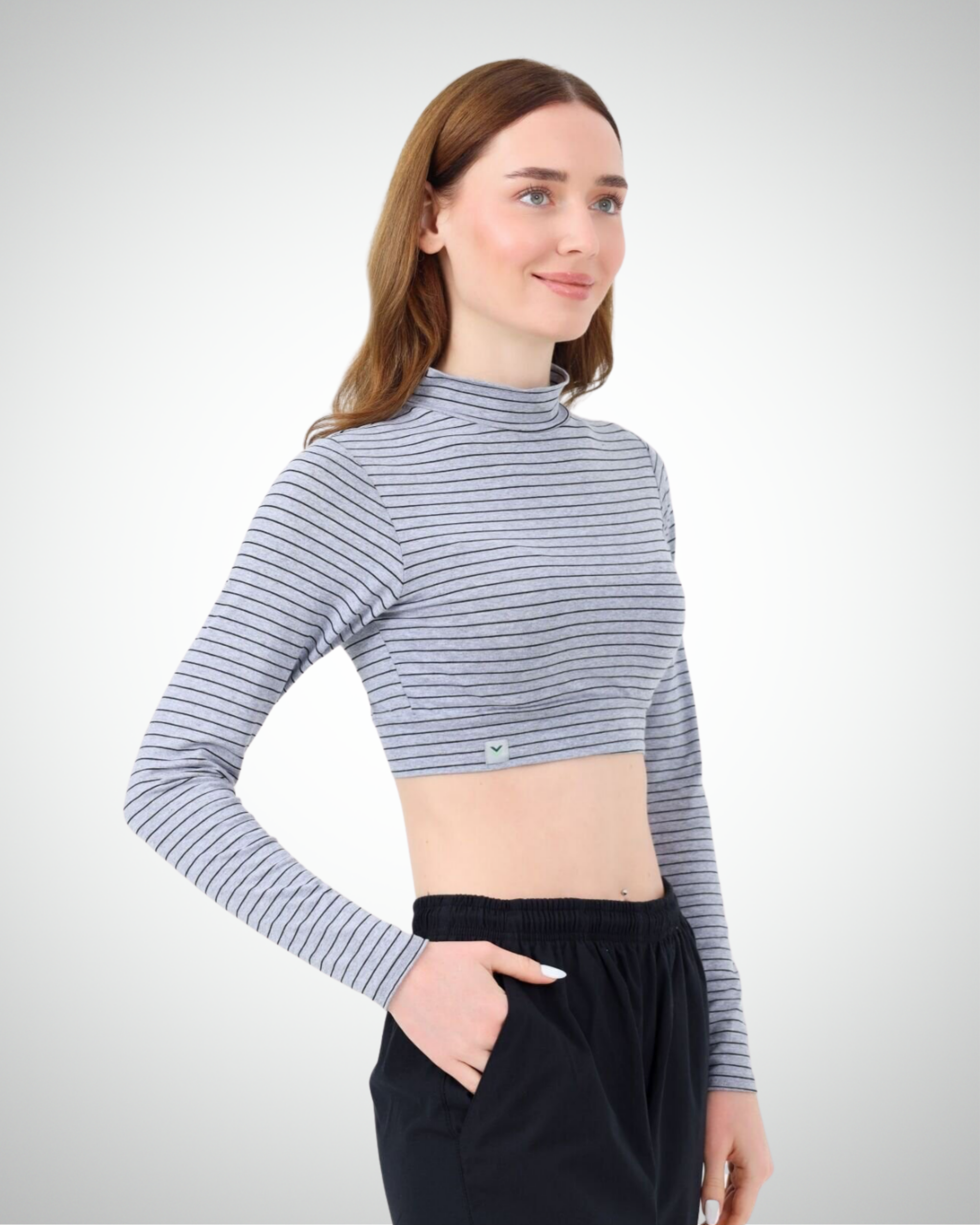Viridi - Fisherman Collar Striped Crop Body Grey & Black
