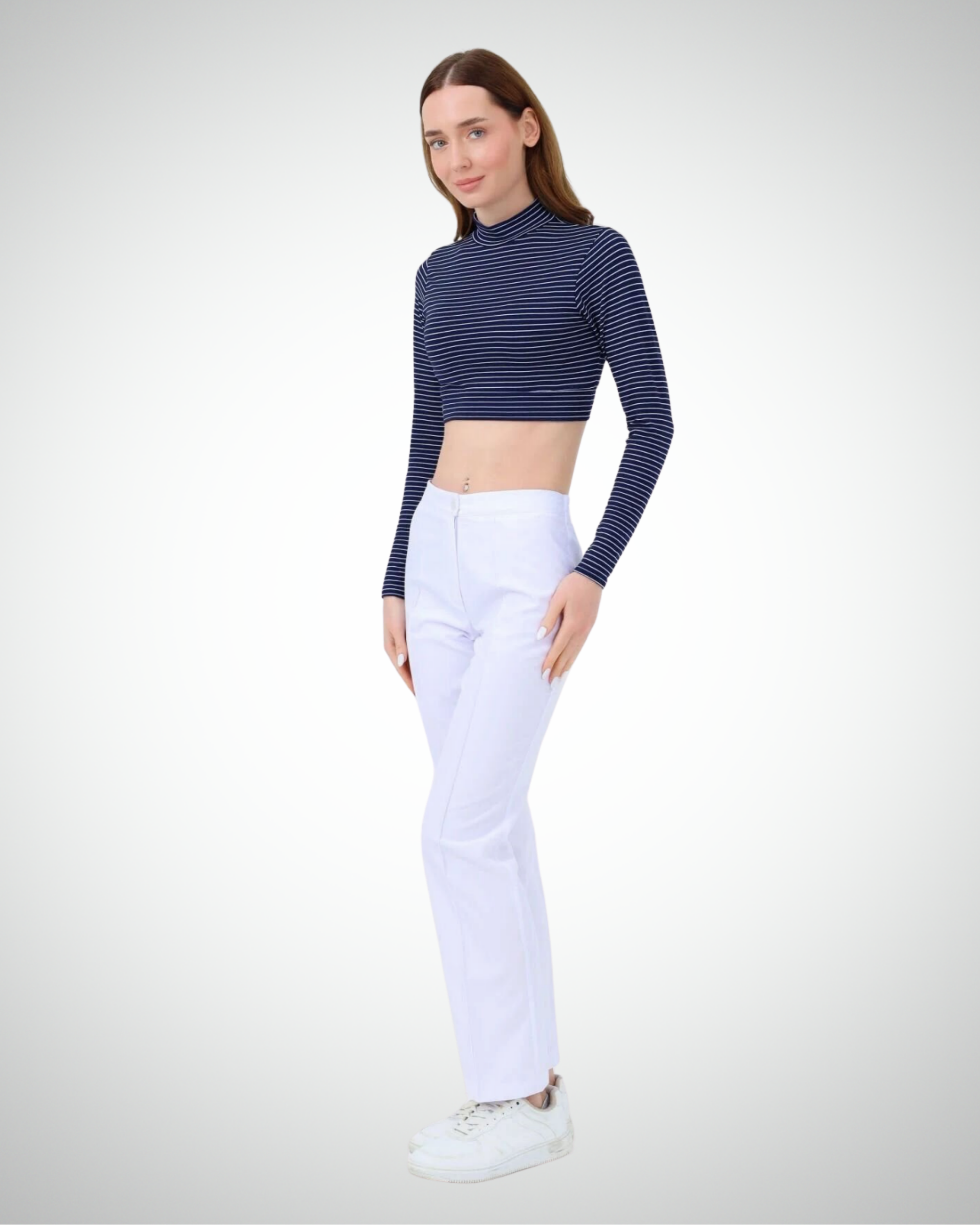 Viridi - Fisherman Collar Striped Crop Body Navy Blue & White